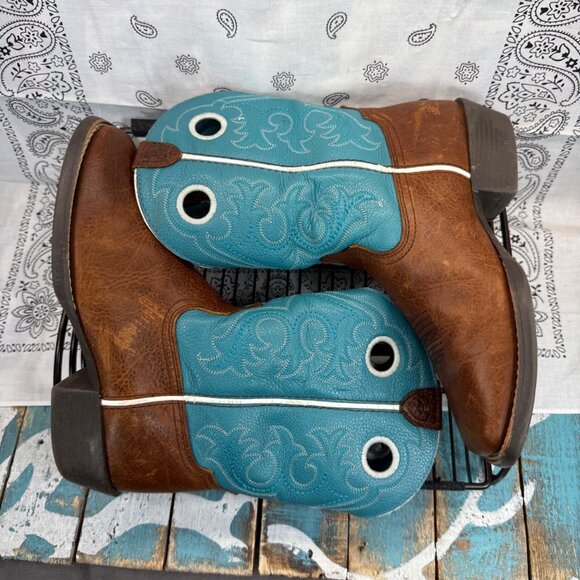 Ariat Crossfire Unisex Youth Size 2.5 Teal Blue Brown Cowboy Boots 10005989 - Picture 8 of 10
